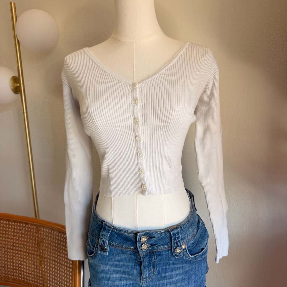 John Galt White Ribbed Long Sleeve Button-Up Cardigan